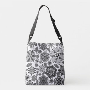 Black Gray White Retro Floral Art Seamless Pattern Crossbody Bag