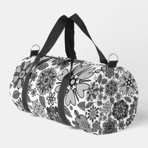 Black Gray White Retro Floral Art Seamless Pattern Duffle Bag