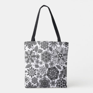 Black Gray White Retro Floral Art Seamless Pattern Tote Bag