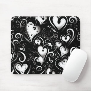 BLACK GRAY WHITE VALENTINES DAY HEARTS MOUSE MAT