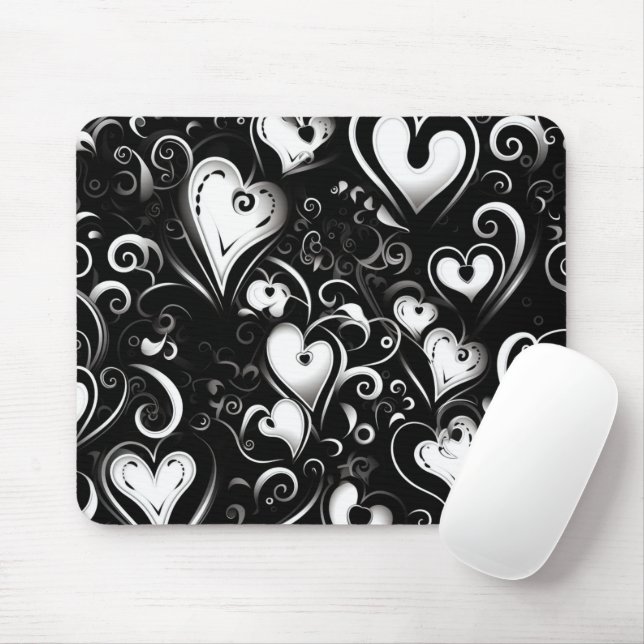 BLACK GRAY WHITE VALENTINES DAY HEARTS MOUSE MAT (With Mouse)