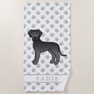 Black Great Dane Cute Cartoon Dog & Name Beach Towel