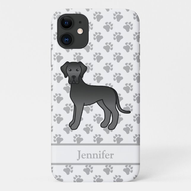 Black Great Dane Cute Cartoon Dog & Name Case-Mate iPhone Case (Back)