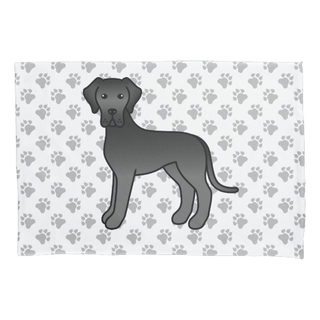 Black Great Dane Cute Cartoon Dog & Paws Pillowcase (Front)