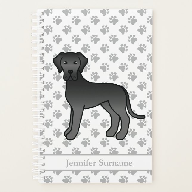 Black Great Dane Cute Cartoon Dog & Text Planner (Front)