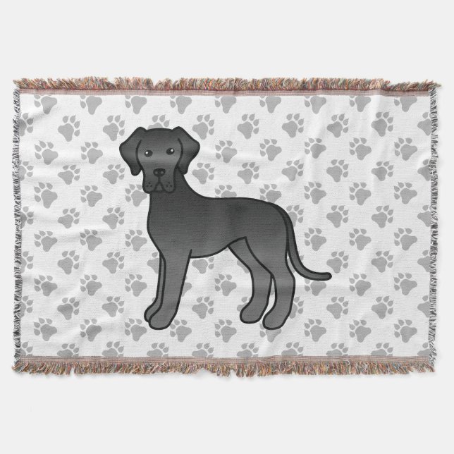 Black Great Dane Cute Cartoon Dog Throw Blanket (Front)
