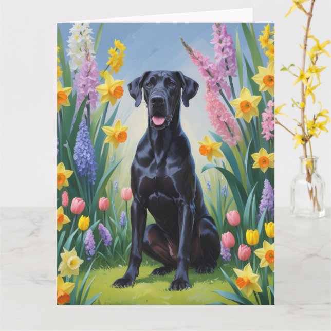 Black Great Dane Dog Spring Flowers Painting Card (Yellow Flower)