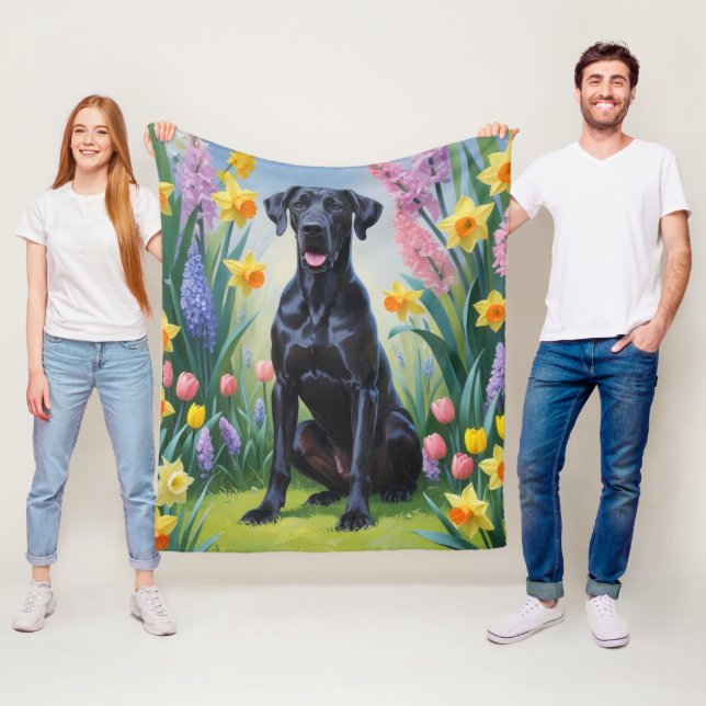 Black Great Dane Dog Spring Flowers Painting Fleece Blanket (In Situ)