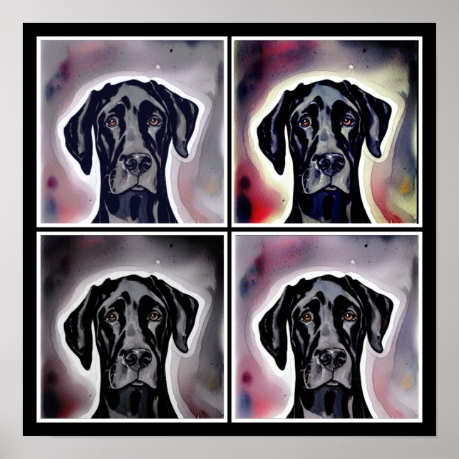 Black Great Dane Watercolor Abstract Art Poster (Front)