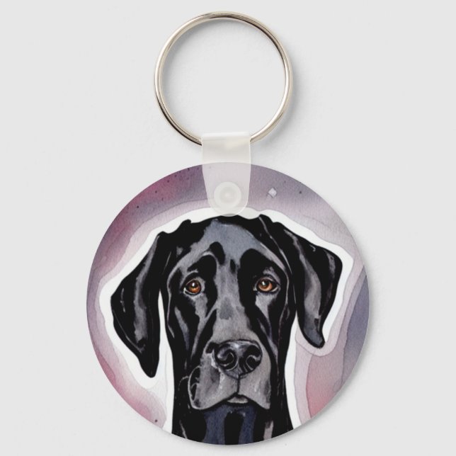 Black Great Dane Watercolor Art Key Ring (Front)