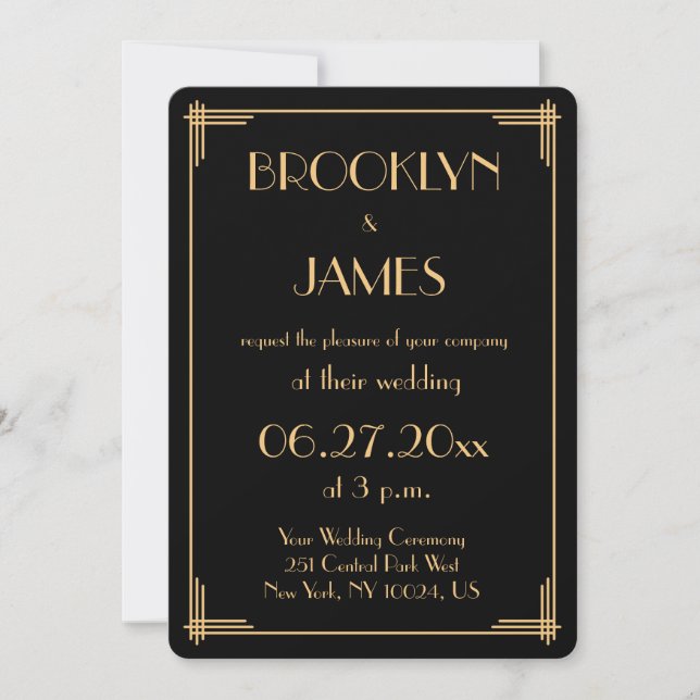 Black Great Gatsby Art Deco Wedding Invitation (Front)