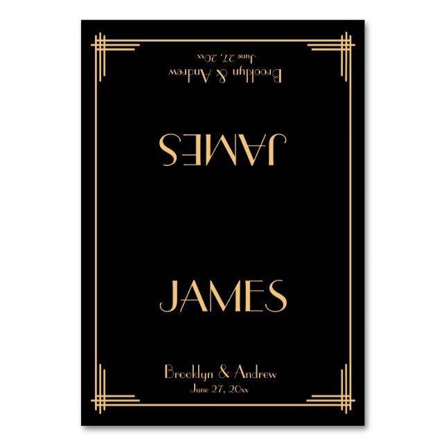 Black Great Gatsby Art Deco Wedding Place Cards (Front)