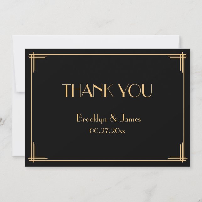 Black Great Gatsby Art Deco Wedding Thank You Card (Front)