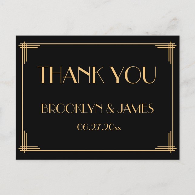 Black Great Gatsby Art Deco Wedding Thank You Postcard (Front)
