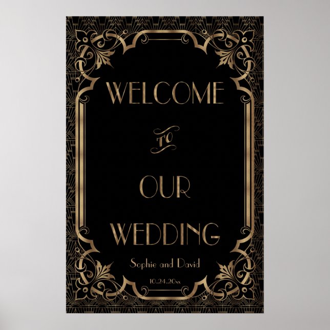 Black Great Gatsby Art Deco Wedding Welcome Sign (Front)