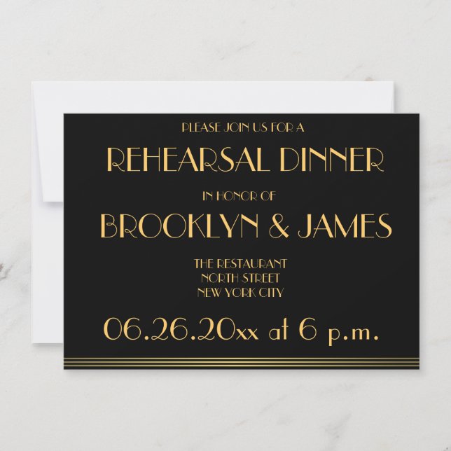 Black Great Gatsby Wedding Rehearsal Invitations (Front)
