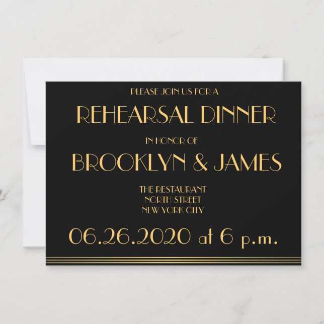 Black Great Gatsby Wedding Rehearsal Invitations (Front)