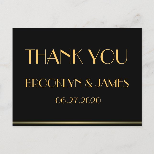 Black Great Gatsby Wedding Thank You Postcards (Front)