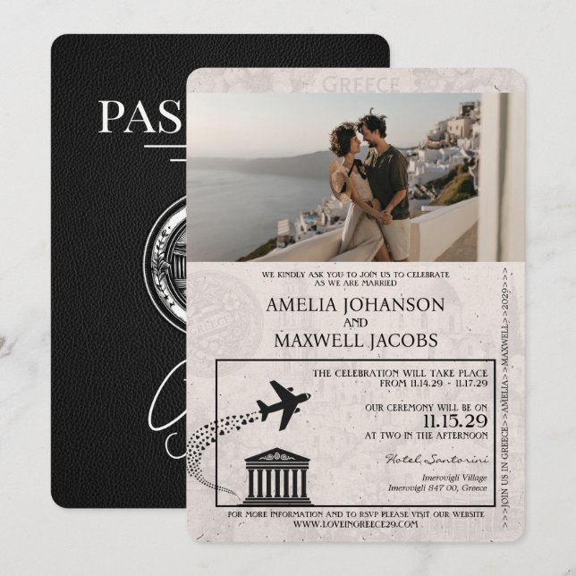 Black Greece Passport Wedding Invitation (Front/Back)