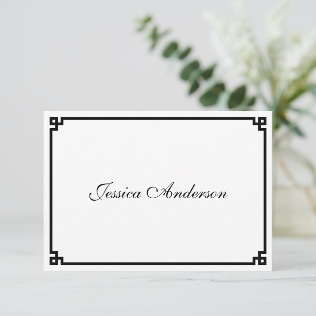 Black Greek Key Border Wedding Place Card (Standing Front)