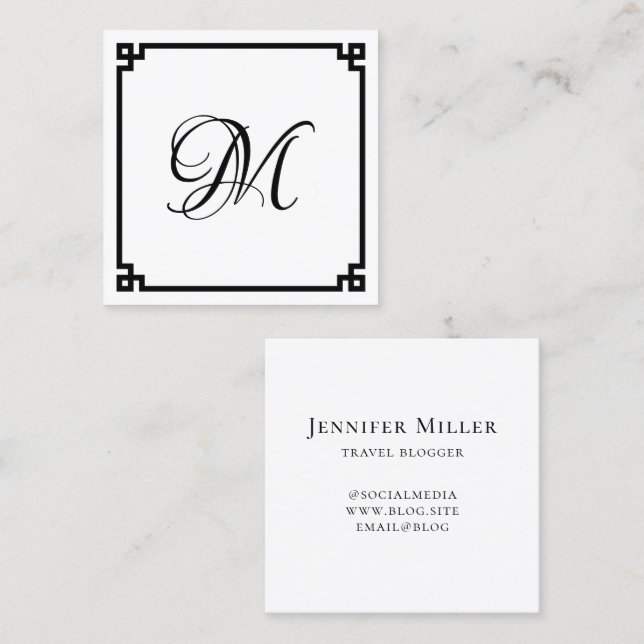 Black Greek Key Calligraphy Monogram Square Business Card (Front/Back)