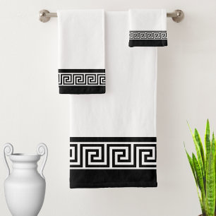 Black Greek Pattern on Black and White Bath Towel Set