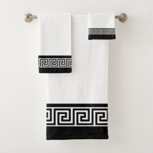 Black Greek Pattern on Black and White Bath Towel Set