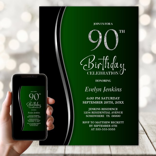 Black Green 90th Birthday Party Invitation (Creator Uploaded)