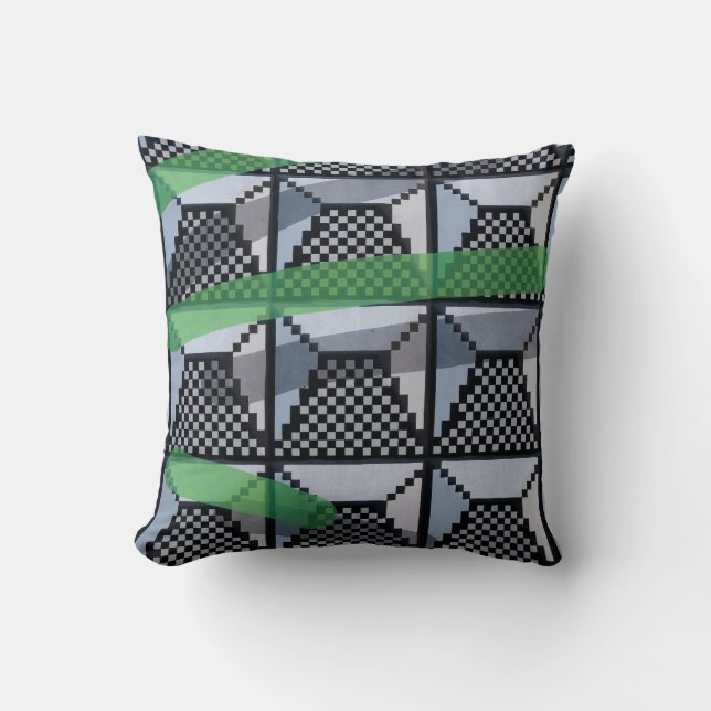 Black, green, and black checked wallpaper cushion (Front)