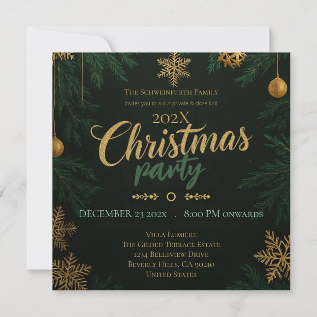 Black Green and Gold Classic Christmas Invitation (Front)