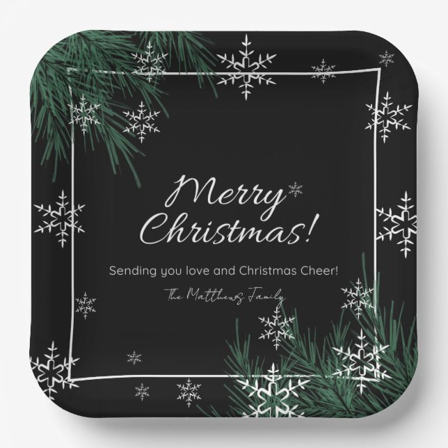 Black Green And White Snowflake Christmas  Paper Plate (Front)
