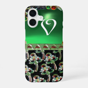 BLACK GREEN ART NOUVEAU GEMSTONE MONOGRAM Emerald iPhone 16 Case