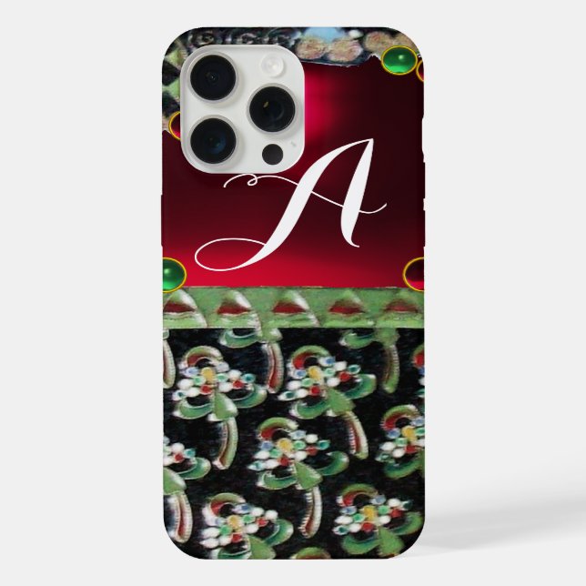 BLACK GREEN ART NOUVEAU GEMSTONE MONOGRAM,Red Ruby iPhone Case (Back)