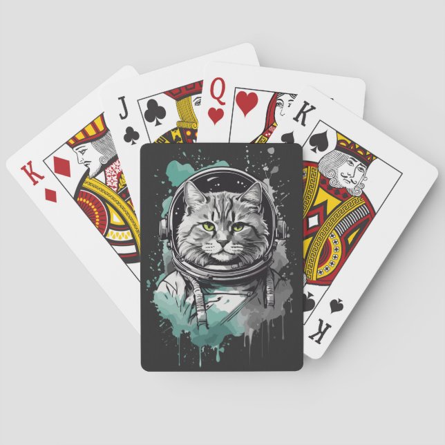 Black Green Astronaut Cat Design Playing Cards (Back)