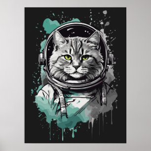 Black Green Astronaut Cat Design Poster