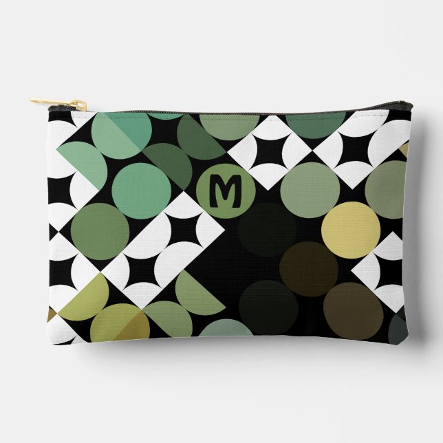 Black Green Beige Brown Midcentury Circles Pattern Accessory Pouch (Front)