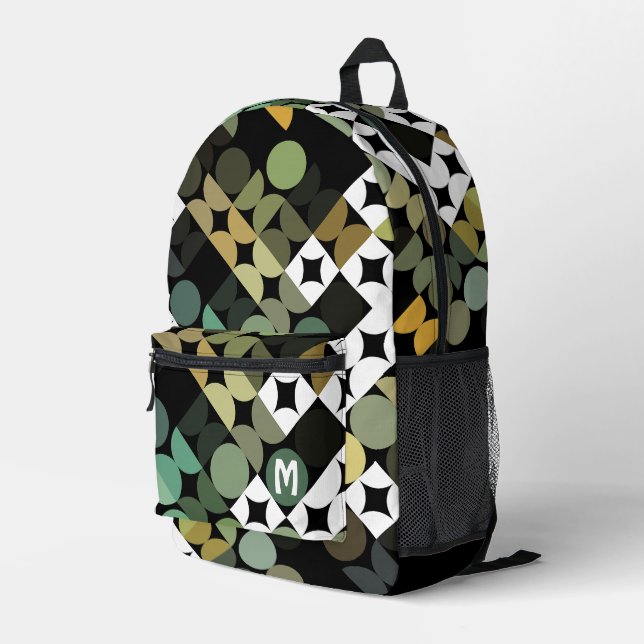 Black Green Beige Brown Midcentury Circles Pattern Printed Backpack (Back Corner Right)