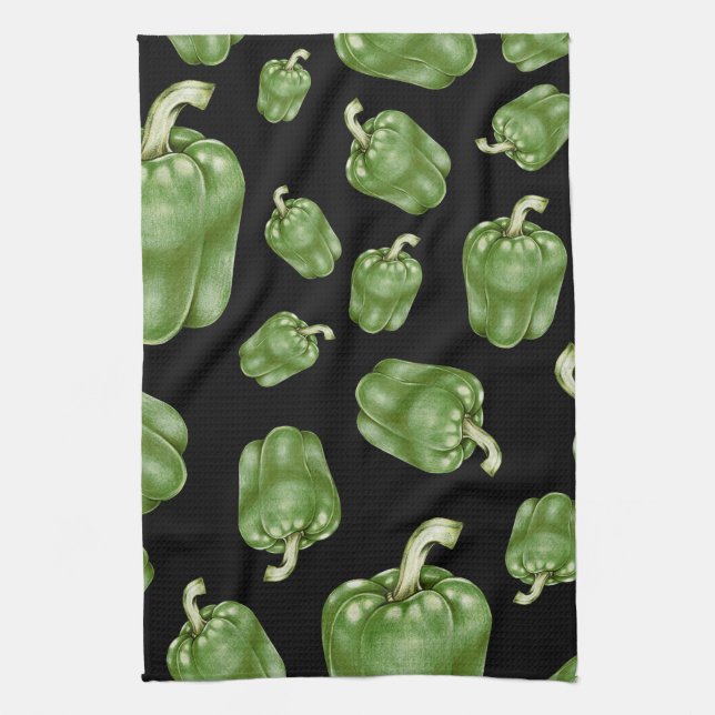 Black & Green Bell Pepper Pattern Tea Towel (Vertical)
