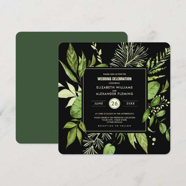 Black Green Botanical Watercolor Wedding Invitation (Front/Back)