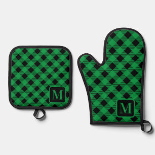 Black Green Buffalo Plaid Gingham Monogram Cute  Oven Mitt & Pot Holder Set