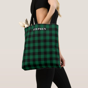 Black Green Buffalo Plaid Monogram Tote Bag