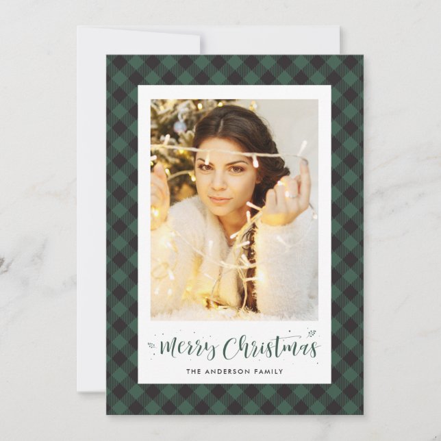 Black Green Buffalo Plaid Photo Christmas Cards (Front)