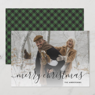 Black Green Buffalo Plaid Photo Merry Christmas Holiday Card