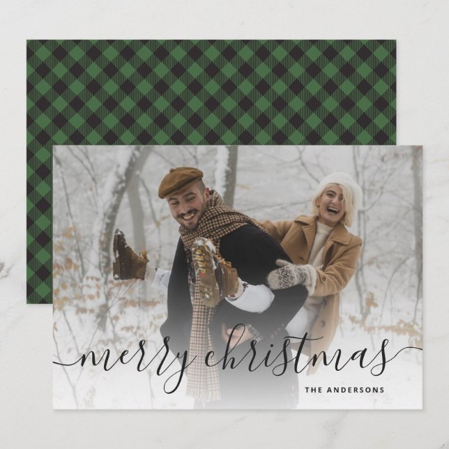 Black Green Buffalo Plaid Photo Merry Christmas Holiday Card (Front/Back)