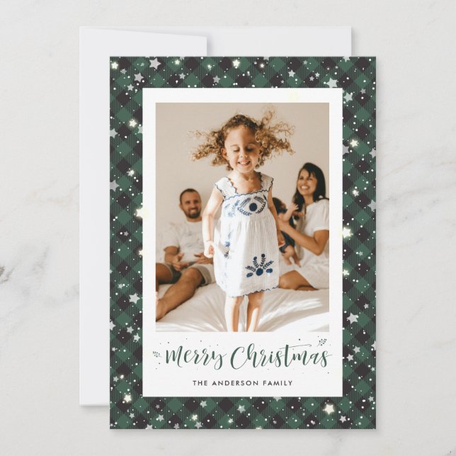 Black Green Buffalo Plaid Photo Merry Christmas Holiday Card (Front)