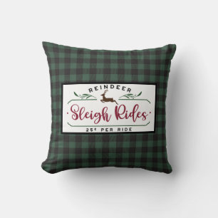 Black Green Buffalo Plaid - Reindeer Sleigh Ride Cushion