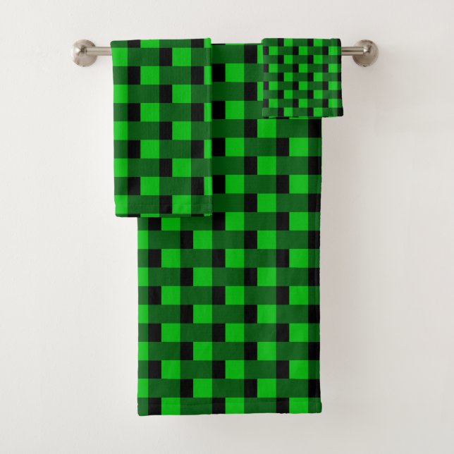Black Green Check Pattern Bath Towel Set (Insitu)