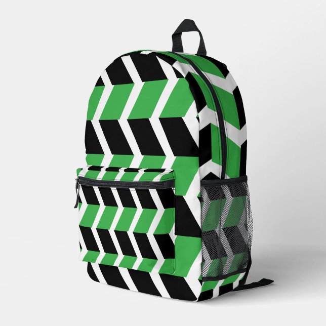Black Green Chevron Stripe Printed Backpack (Back Corner Right)