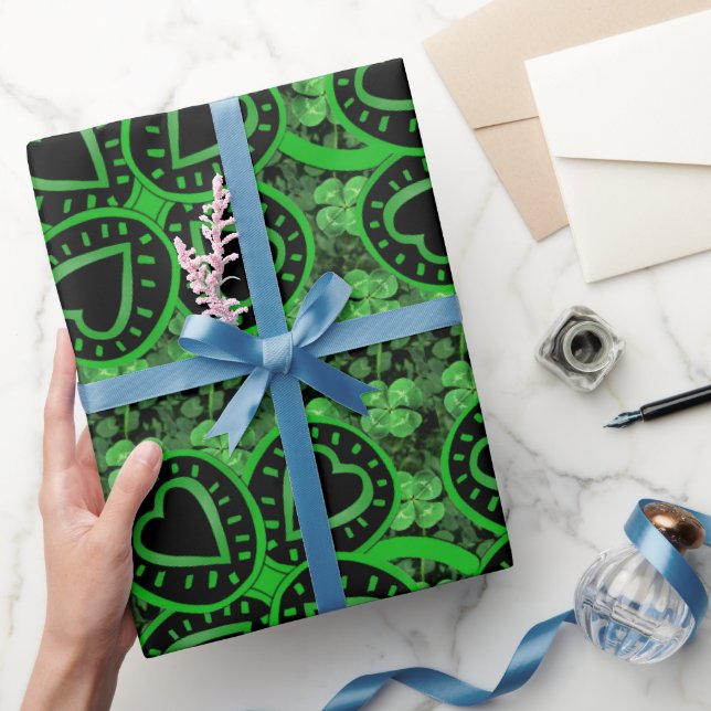 Black Green Clover Heart St Patrick Wrapping P Paper (Gifting)