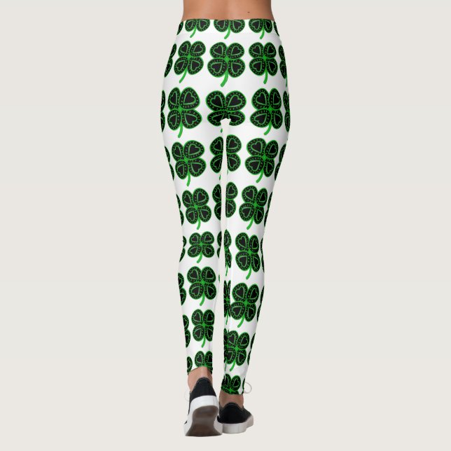 Black Green Clover Heart St Patrick's Day Leggings (Back)